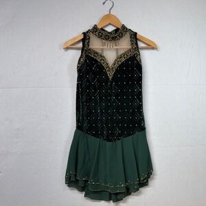 Jerry's Adult XL Figure Skating Dress Green Velvet Mesh Gold Trim Performance